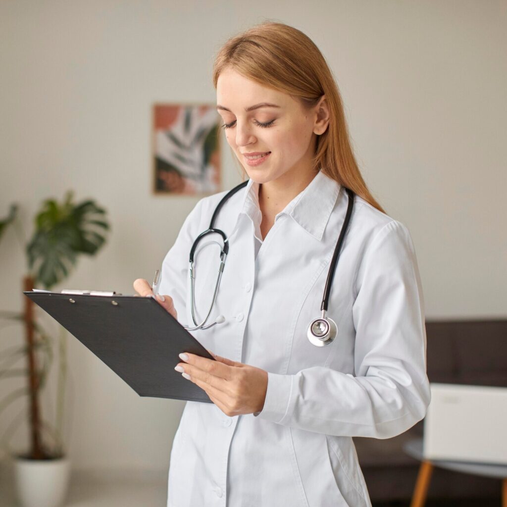 Smiley Covid Recovery Center Female Doctor Holding Clipboard 23 2148847905